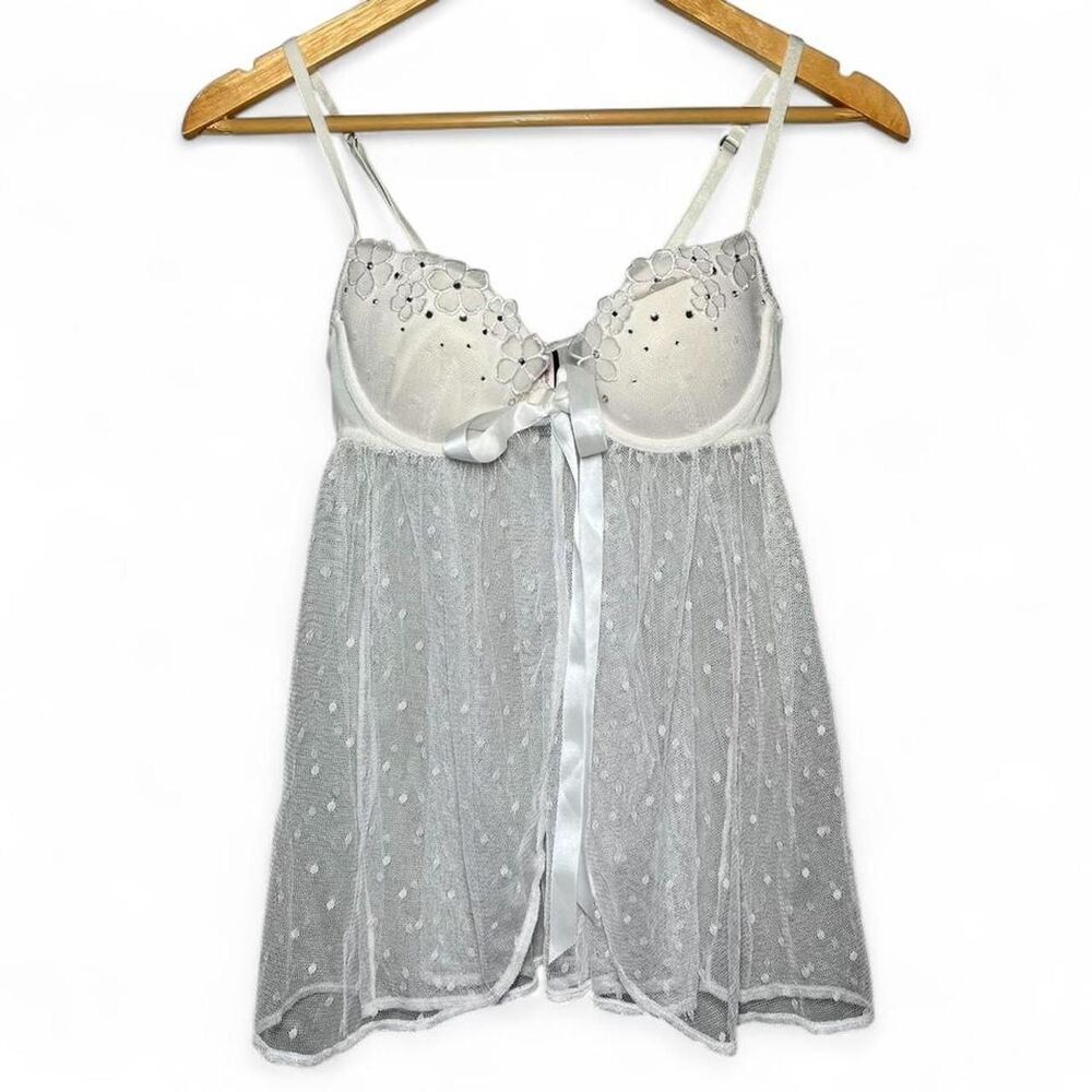 White Lace Babydoll Slip Dress Bra Cups Size 34B Sheer Fairy Lingerie Floral